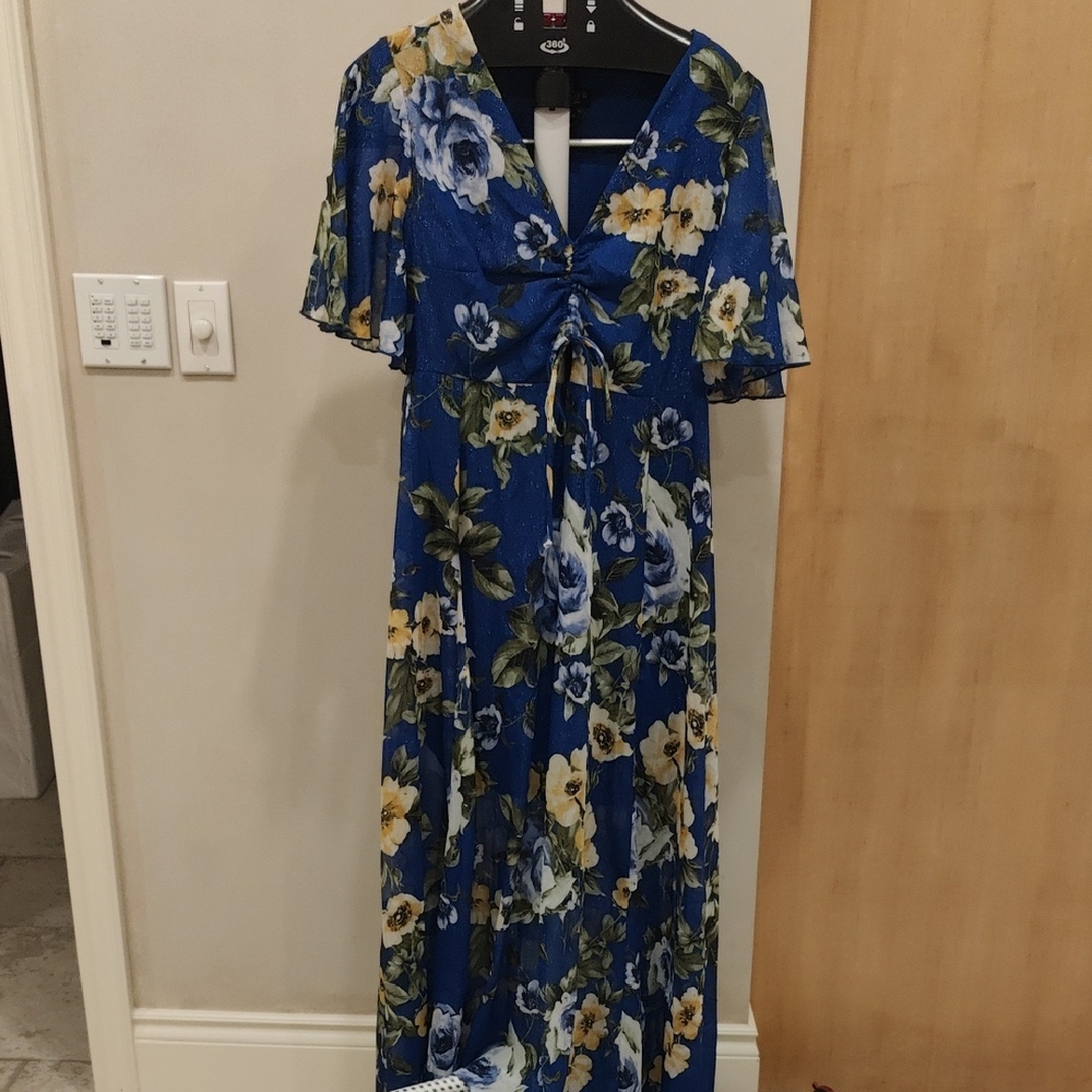 Blue Floral Wrap Maxi Dress with Flutter Sleeves